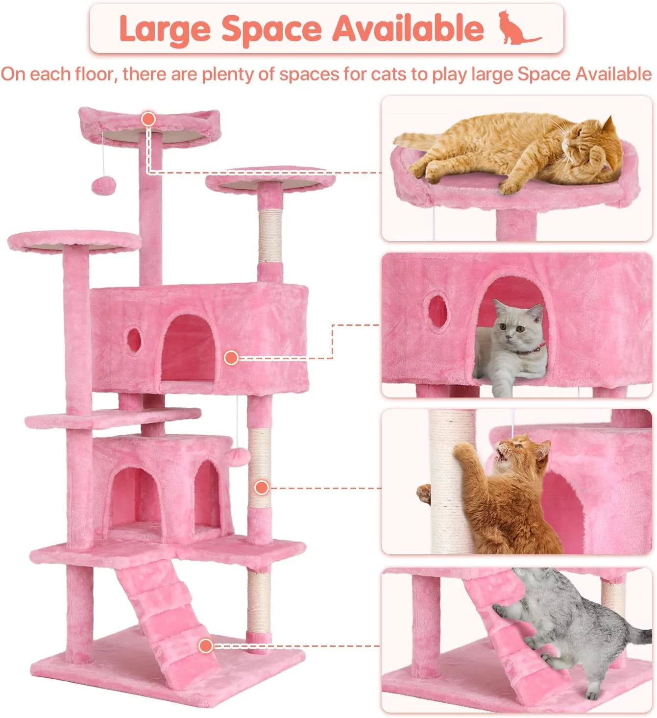 54-Inch Double Condo Cat Tree Tower with Scratching Post and Perch for Indoor Use, Pink