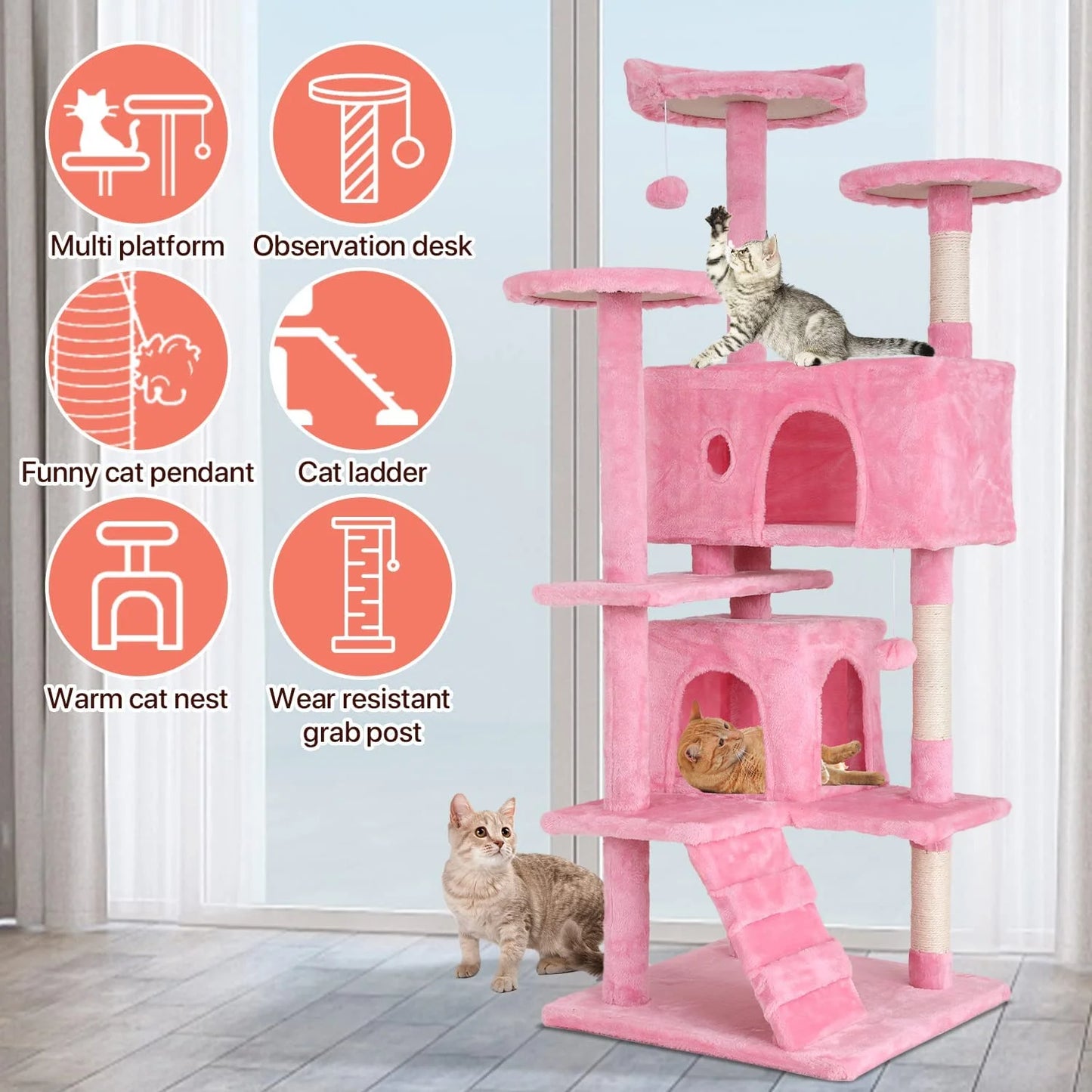54-Inch Double Condo Cat Tree Tower with Scratching Post and Perch for Indoor Use, Pink