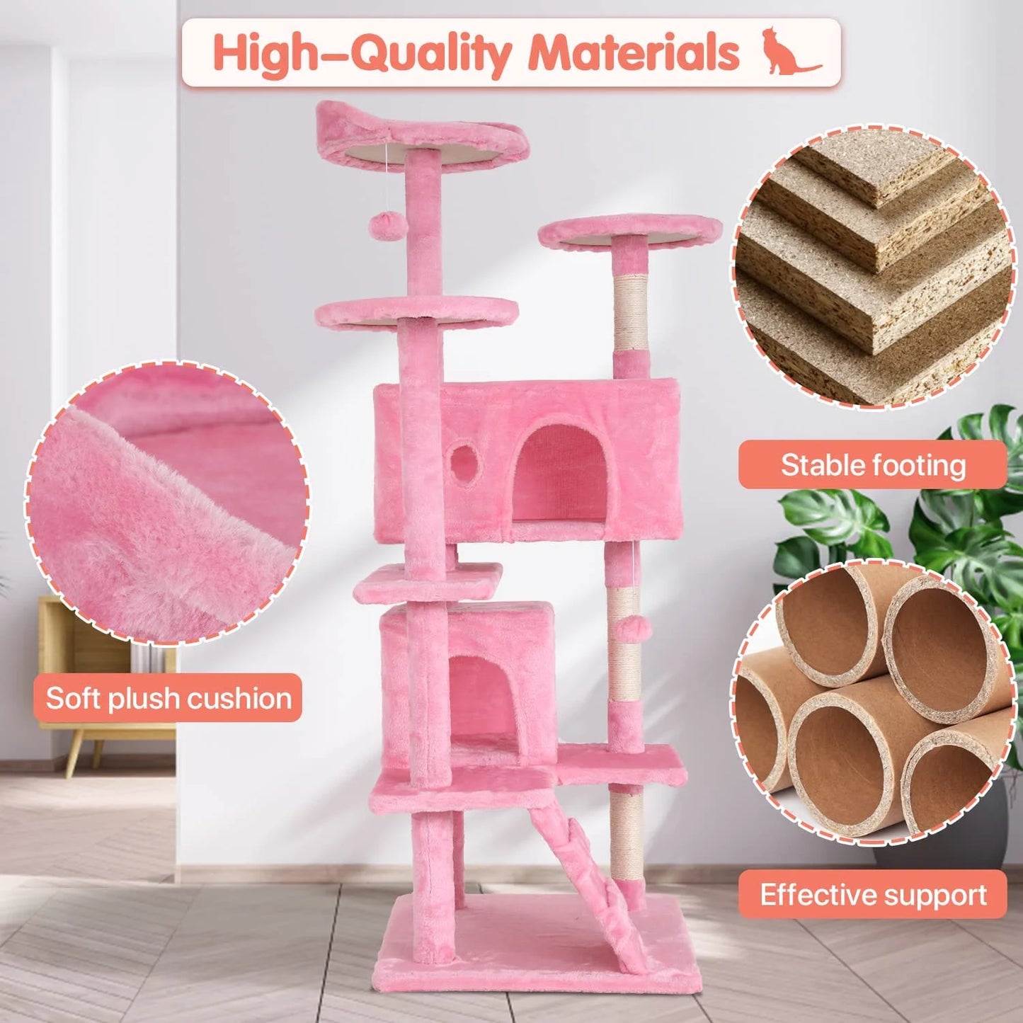 54-Inch Double Condo Cat Tree Tower with Scratching Post and Perch for Indoor Use, Pink