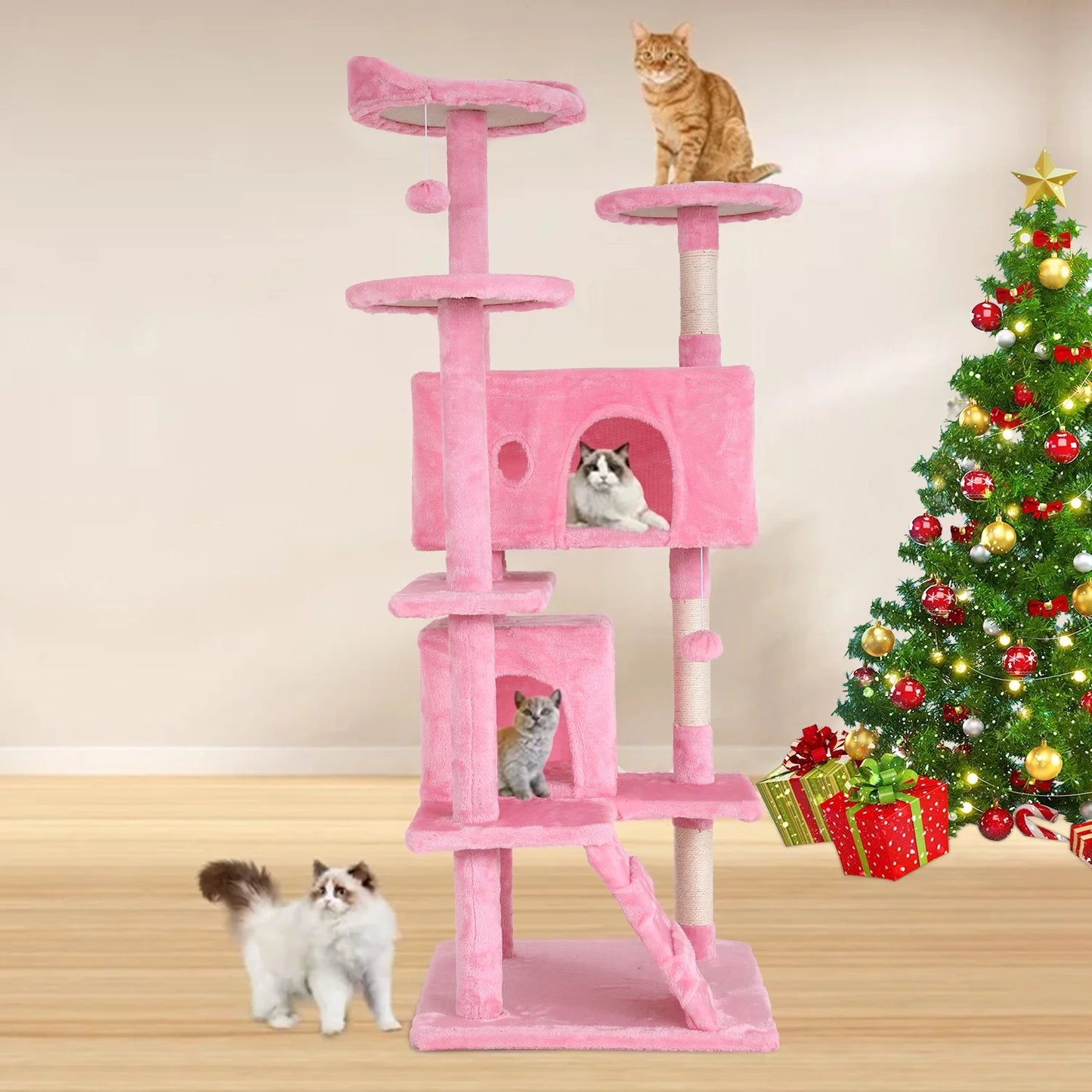 54-Inch Double Condo Cat Tree Tower with Scratching Post and Perch for Indoor Use, Pink