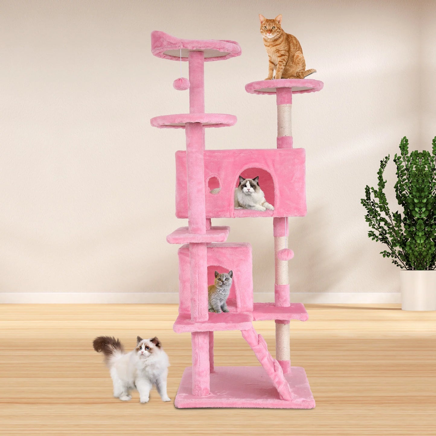 54-Inch Double Condo Cat Tree Tower with Scratching Post and Perch for Indoor Use, Pink