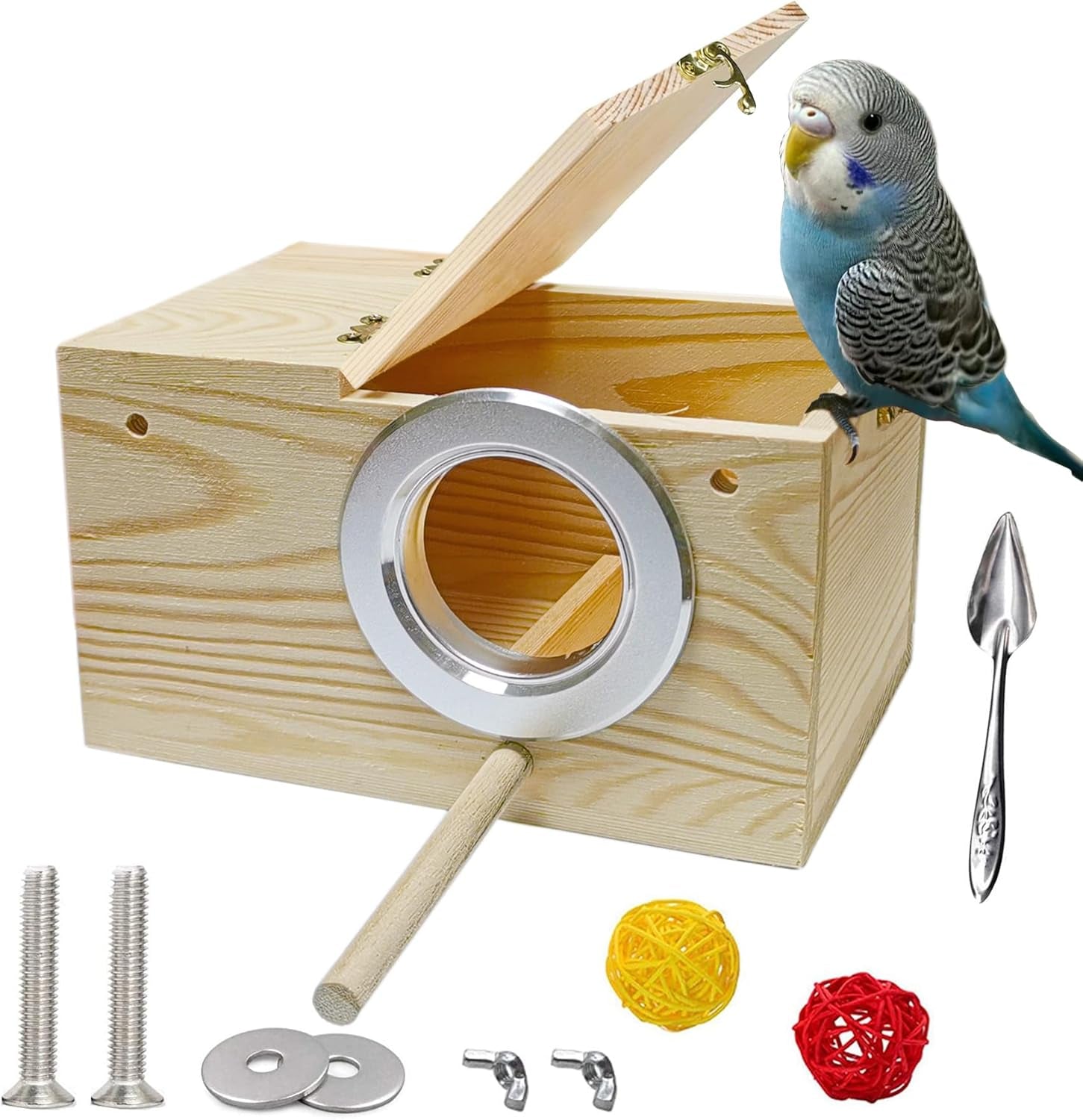 Wooden Bird Nesting Box for Parakeets, Lovebirds, and Finches with Perch - 7.8” x 4.7” x 4.7”