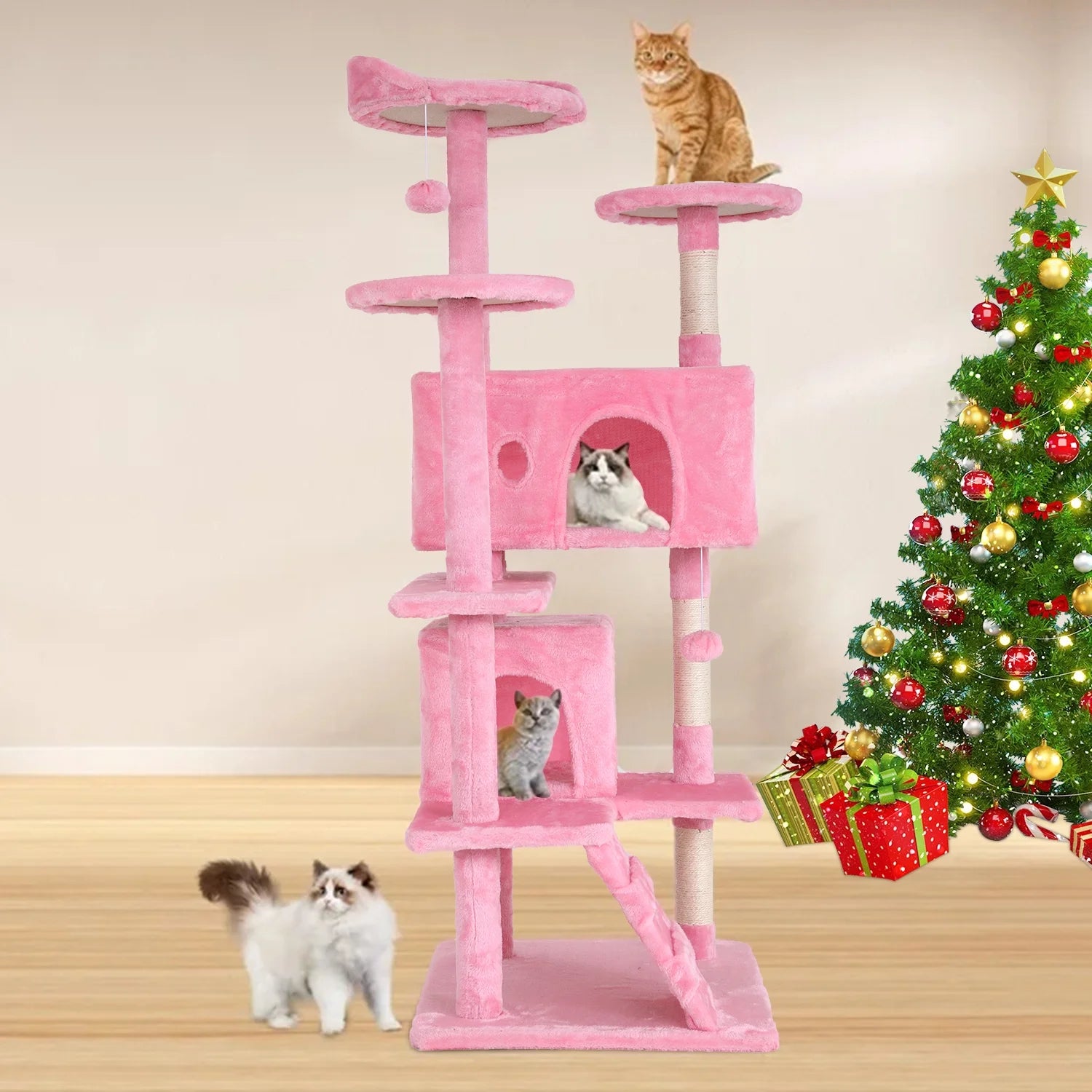 54-Inch Double Condo Cat Tree Tower with Scratching Post and Perch for Indoor Use, Pink