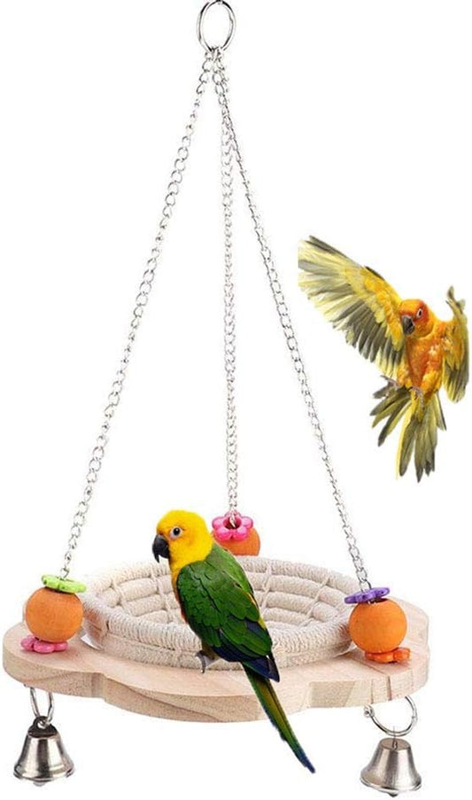 Handmade Cotton Bird Nest Swing Hammock Cage with Hemp Rope, Bells, and Colorful Chew Toy for Parakeets, Cockatiels, Conures, Lovebirds, and Finches