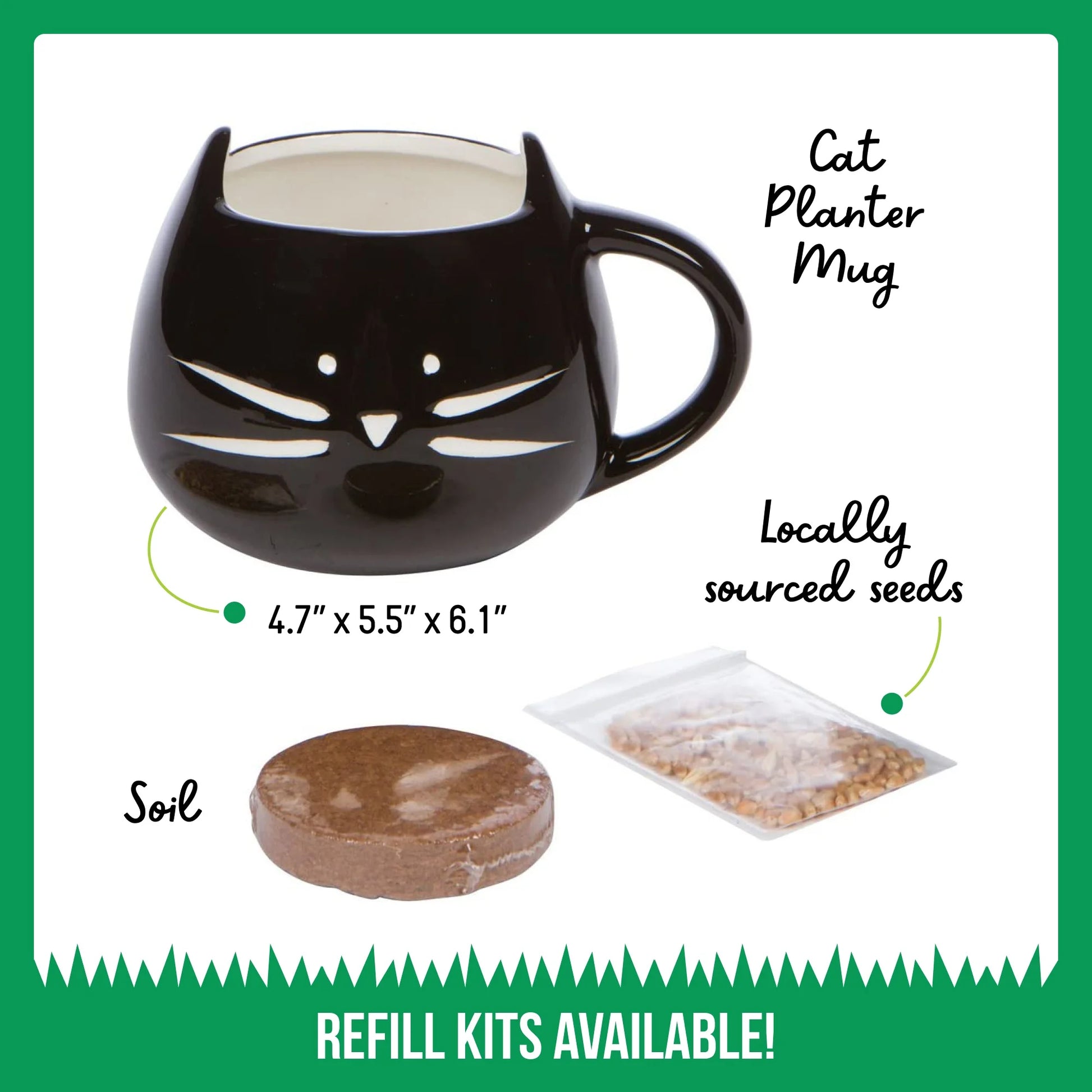 Organic Cat Grass Growing Kit with Black Cat Mug Planter by