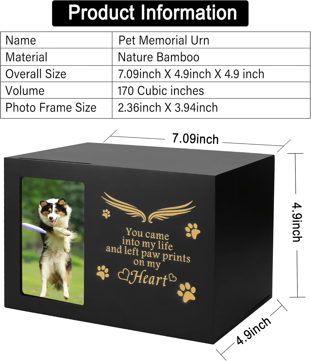 Premium Pet Urns for Dogs and Cats - Elegant Keepsake Box with Photo Frame, Large Wooden Cremation Urn (170 Cubic Inches)